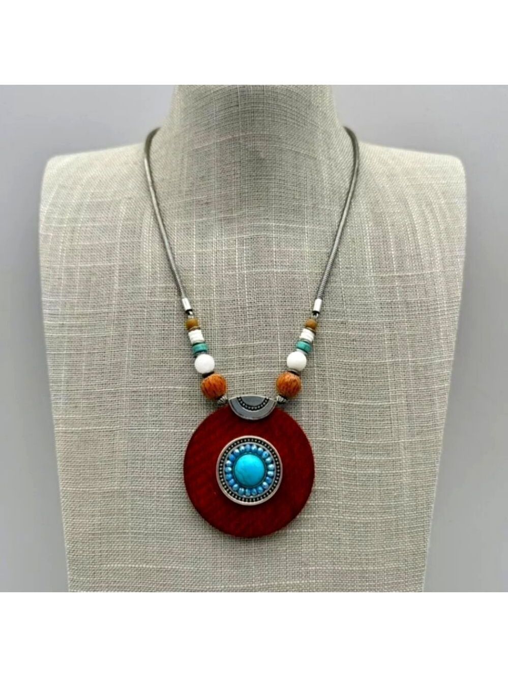 Necklace Southwest Turquoise Blue Beads Wood Pendant Silver Tone 18 Inch